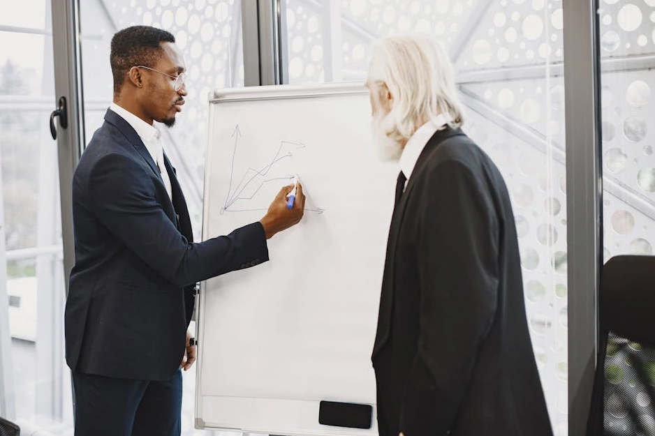 Tým marketérů diskutuje nad strategickým plánem na whiteboardu